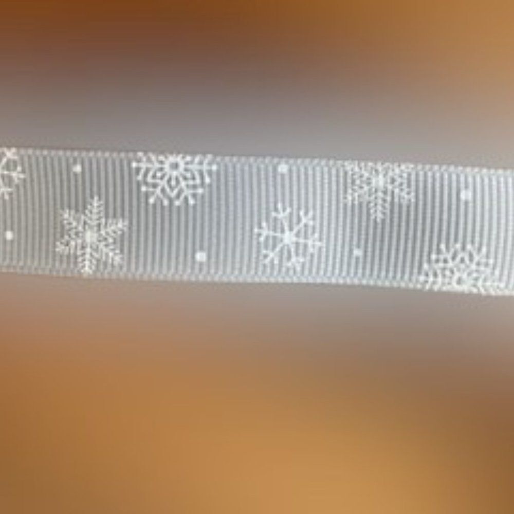 Silver Grosgrain Ribbon with White Snowflakes  ****ALL RIBBONS BUY 2 GET 1 FREE
